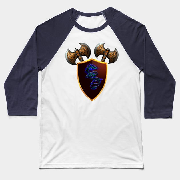 Graphic Design Fantasy Axes With A Shield. Baseball T-Shirt by Sveteroc